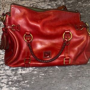 Dooney & Bourke Red Leather Shoulder Bag with Tassels and Gold Hardware